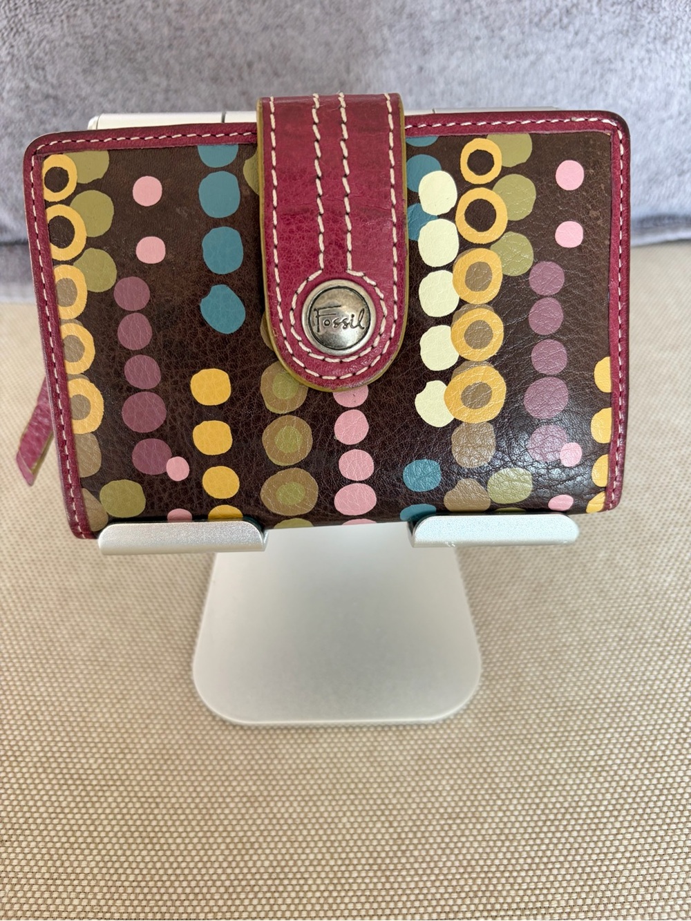 Fossil Brown Leather Wallet with Multicolor Dot Print and Pink Snap
